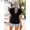 DX~~Short Sleeved Shirt Women's Summer Style Commuting V-neck Ruffle Top
