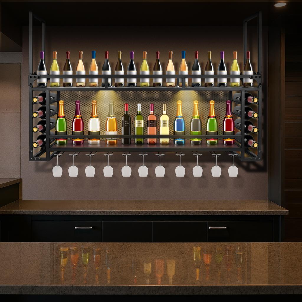 Wall Mounted 2 Tier Wine Rack Simple Type With Light 59.06x21.65x11.81inch For Bar Restaurant Indoor for Kitchen Dining Room Bar