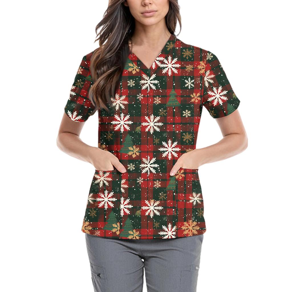 Women's Cute Bow Printed Work Clothes V-neck Double Layer Pockets Basic Short Sleeve Top Pullover