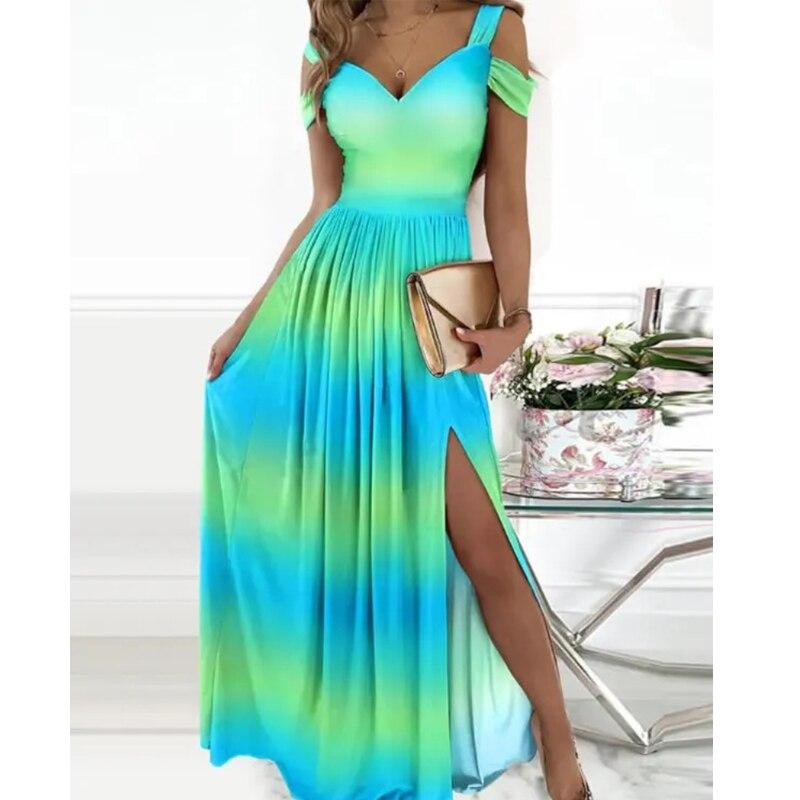 Summer  V-neck Printed Long Dress Temperament Sleeveless Split Sexy Dress Casual Folds Elastic Waist Off Shoulder Dress 26190