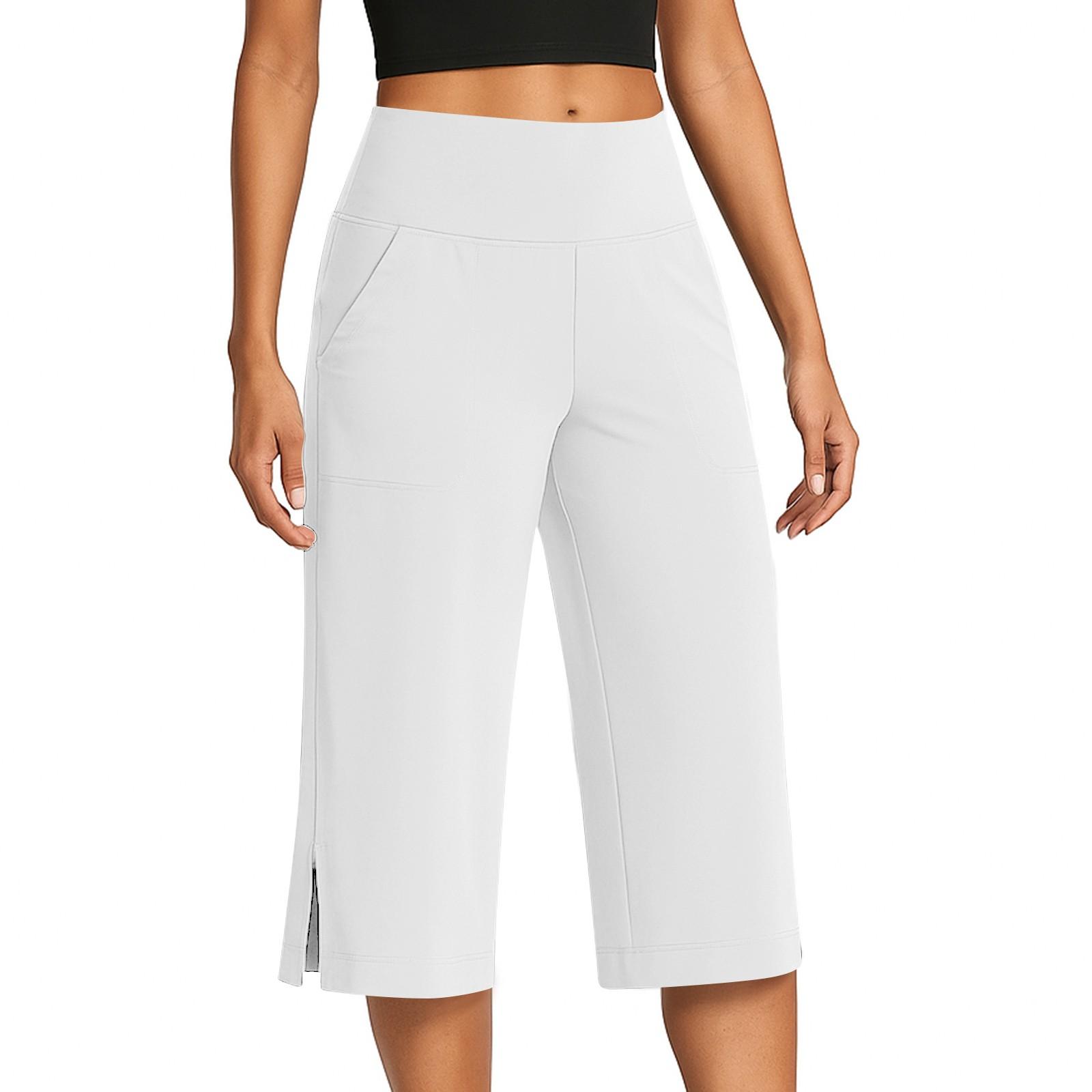 

Женские модные однотонные брюки с карманами на пуговицах и разрезами по низу, укороченные спортивные брюки для йоги с высокой талией M белый