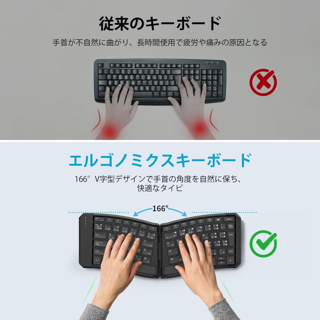 iClever FoldMate Ergo Bluetooth Japanese Compatible with for and Black Keyboard, Foldable, Wireless, Ergonomic, Layout, Multi-Pairing, Slim,