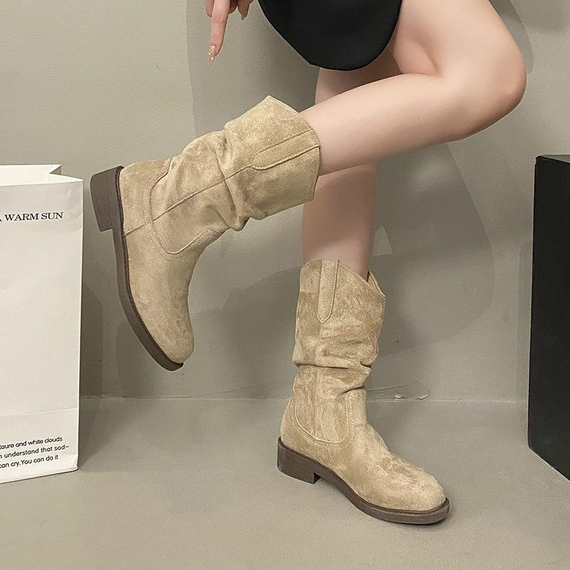 Inner height increase Small retro thick heel short boots Women's 2025 popular new versatile and thin pleated western cowboy boots