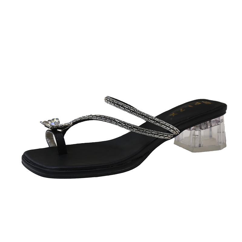 Rhinestone Cool Slippers Women's Summer Wear 2025 Fairy Stunning Thick Heel Sandals French Style with Bow New Skirt