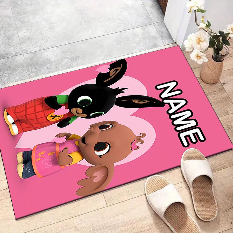 Custom Bing Bunny Mat Personalized Name, Polyester Washable Indoor Entryway Rug, Gift for Christmas, Easter, Thanksgiving Day