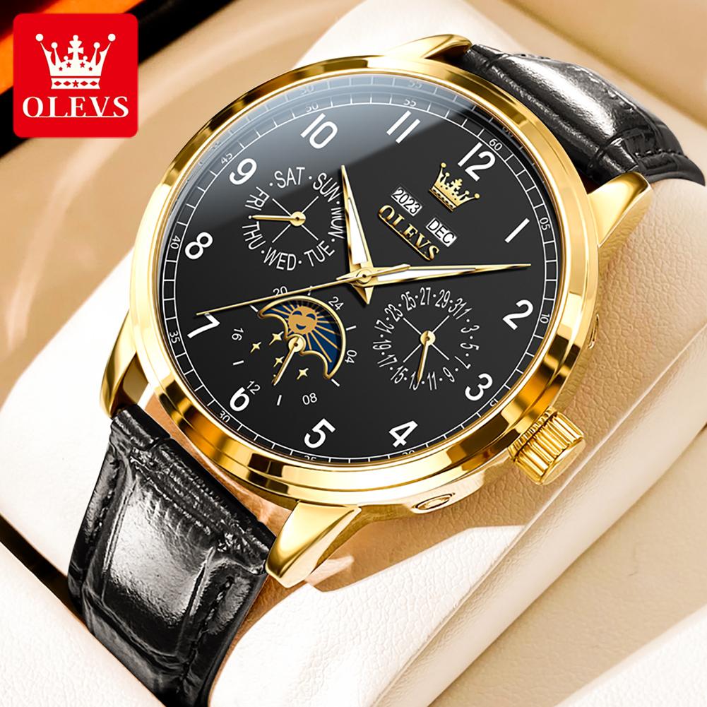 OLEVS 6698 Mens Watch Luxury Dress Brand Moon Phase Automatic Mechanical Watch For Men Leather Waterproof Dual Calendar Watch