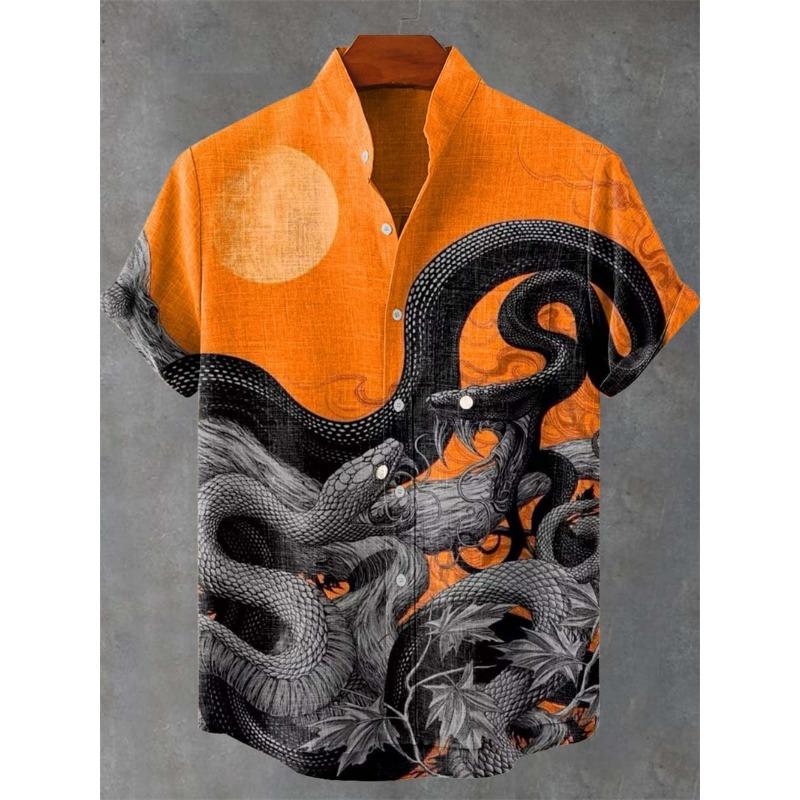 Men's Short Sleeve Shirt Vintage Ethnic Style Sunlight and Tree Illustration Art Snake Print Casual Linen Shirt