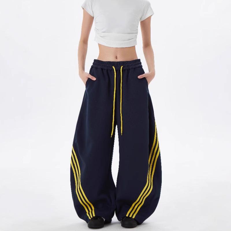 Retro Striped Color Block Wide-Leg Sweatpants with Elastic Drawstring for Men & Women
