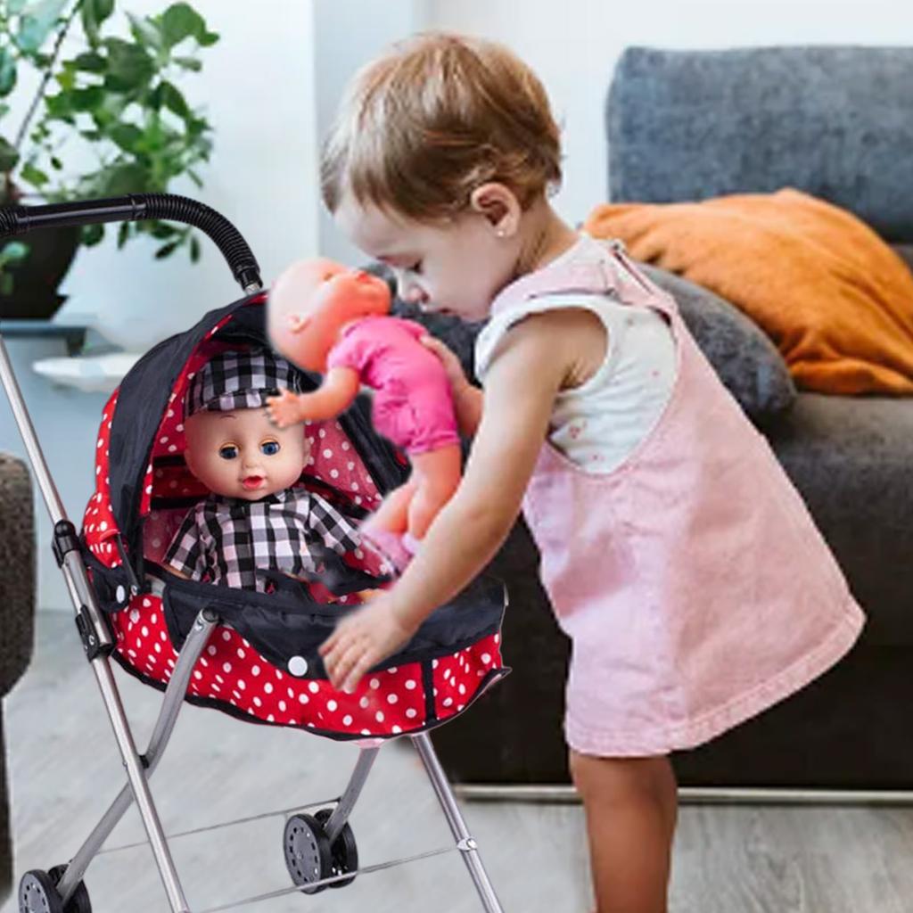 Dollhouse Pretend Play Baby Stroller Push Cart for Kids with Iron Frame and Oxford Fabric