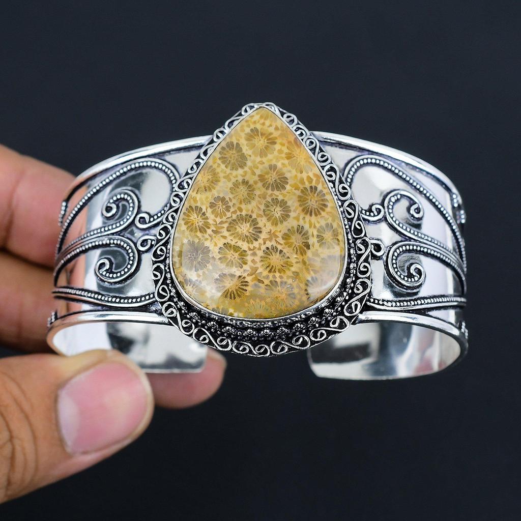 Natürlicher Fossilienkorallen Edelstein Silber Armreif | 925 Sterlingsilber | Verstellbarer Armreif | Handgefertigter Silber Armreif Schmuck für Frauen & Mädchen