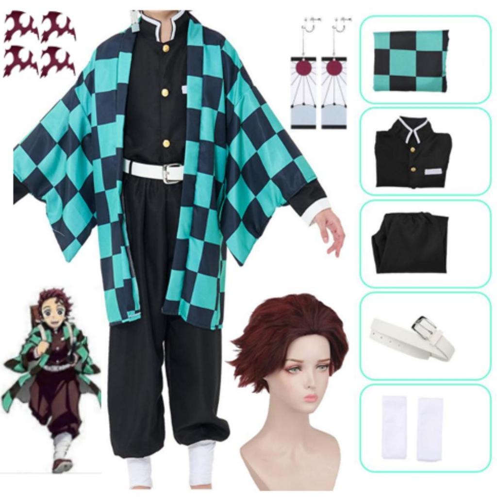 Anime Demon Slayer Kamado Tanjirou Cosplay Kostuum Kimetsu No Yaiba Cartoon Kostuum Sutis Pruiken Halloween Voor Kinderen Volwassenen CosParty