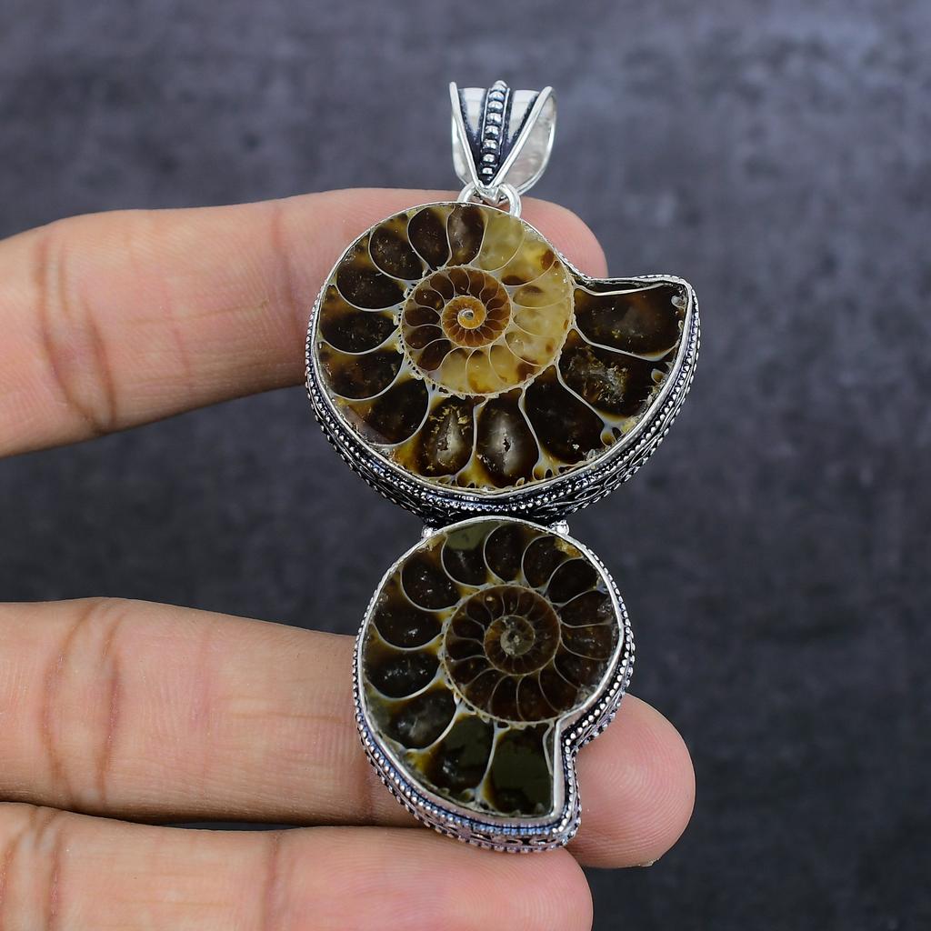 Ammonite Fossil Handmade 925 Sterling Silver Jewelry Pendant 3.07" f6V36