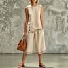 Women's Pink Sleeveless Two Piece Set Side Button Detail Wide Leg Cropped Pants