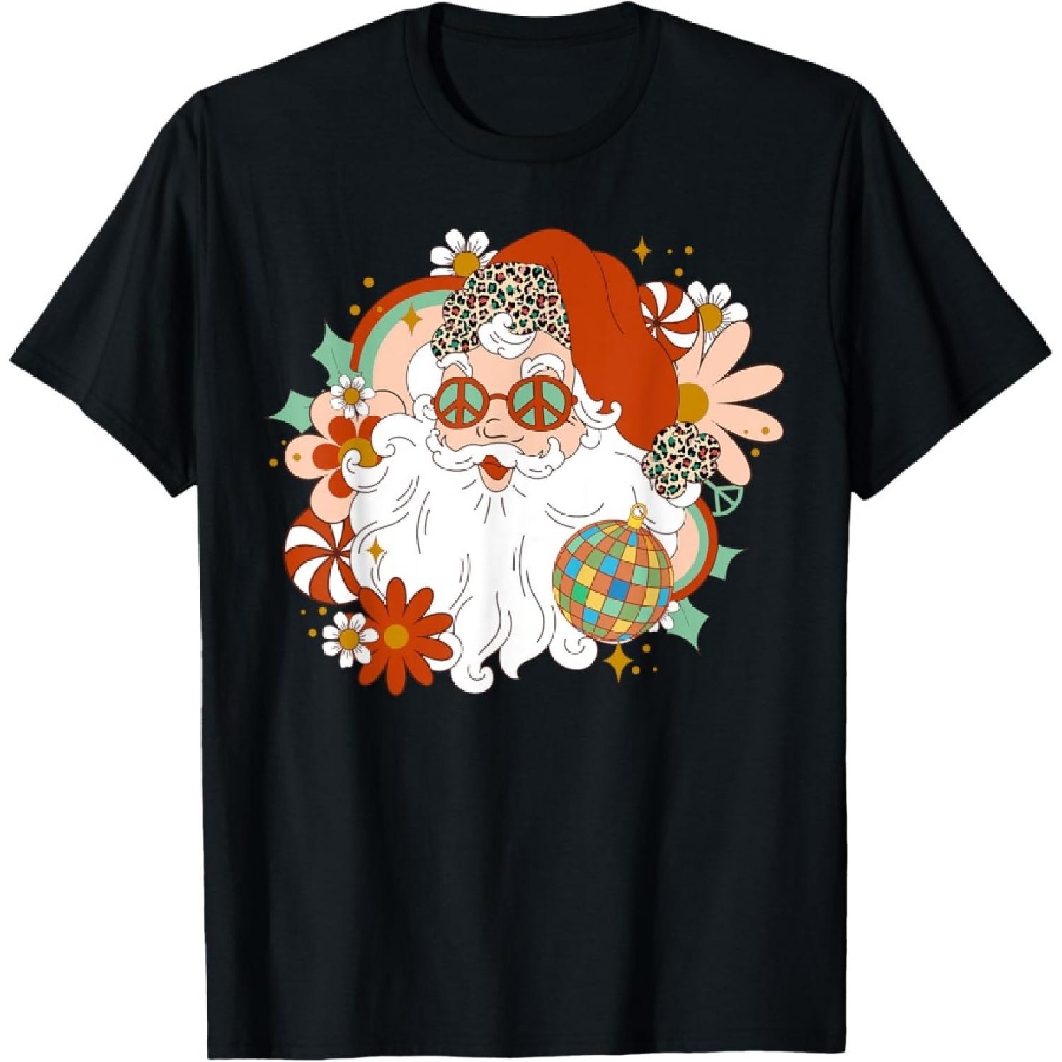 Hippie Santa Claus Floral Peace Sign Xmas Retro Christmas T-Shirt S