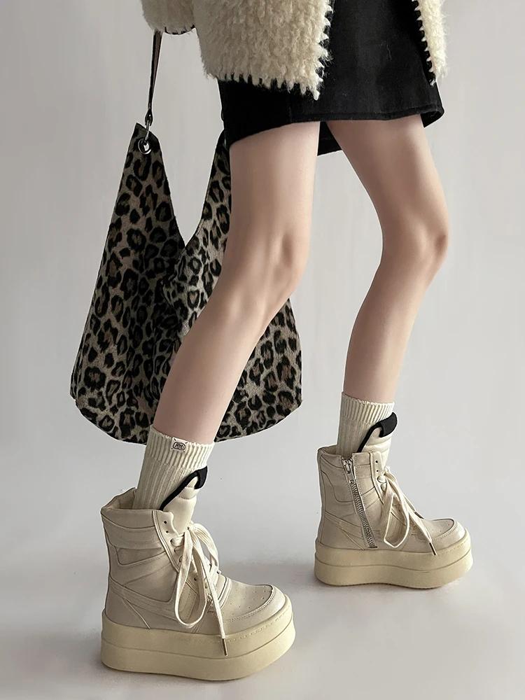 Thick Sole Ankle Boots Design High Top Shoes For Women  Autumn And Winter New Height Increasing Casual Sports Board Shoes