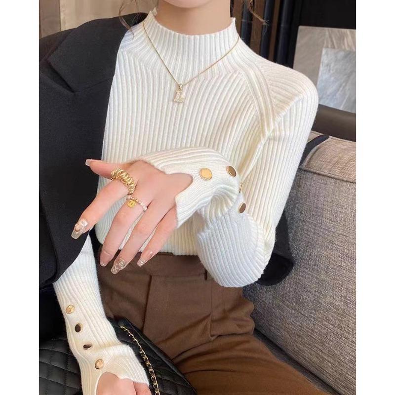 

YYFS Жіноча мода, повсякденний, осінь, зима, однотонні топи з довгим рукавом і напівводолазкою з принтом. Жіночий одяг, вовняні трикотажні светри Size: One Size бежевий