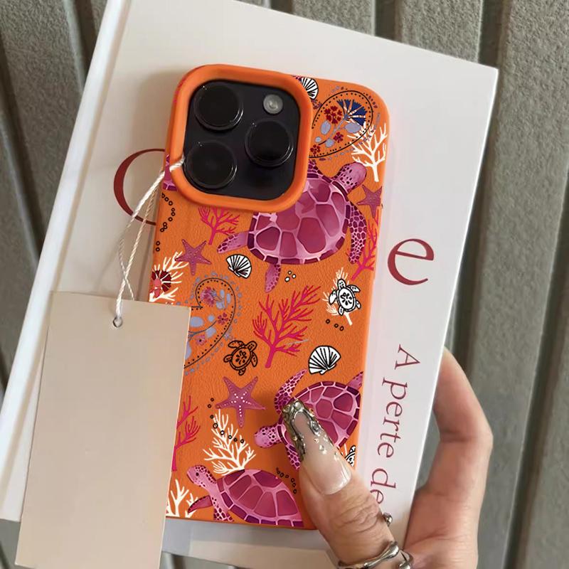 Pink Sea Turtle Print Lychee Texture Phone Case For iPhone 11 12 13 14 15 16 17 Pro Max 14 15 Plus 17 Air Silicone Soft Cover