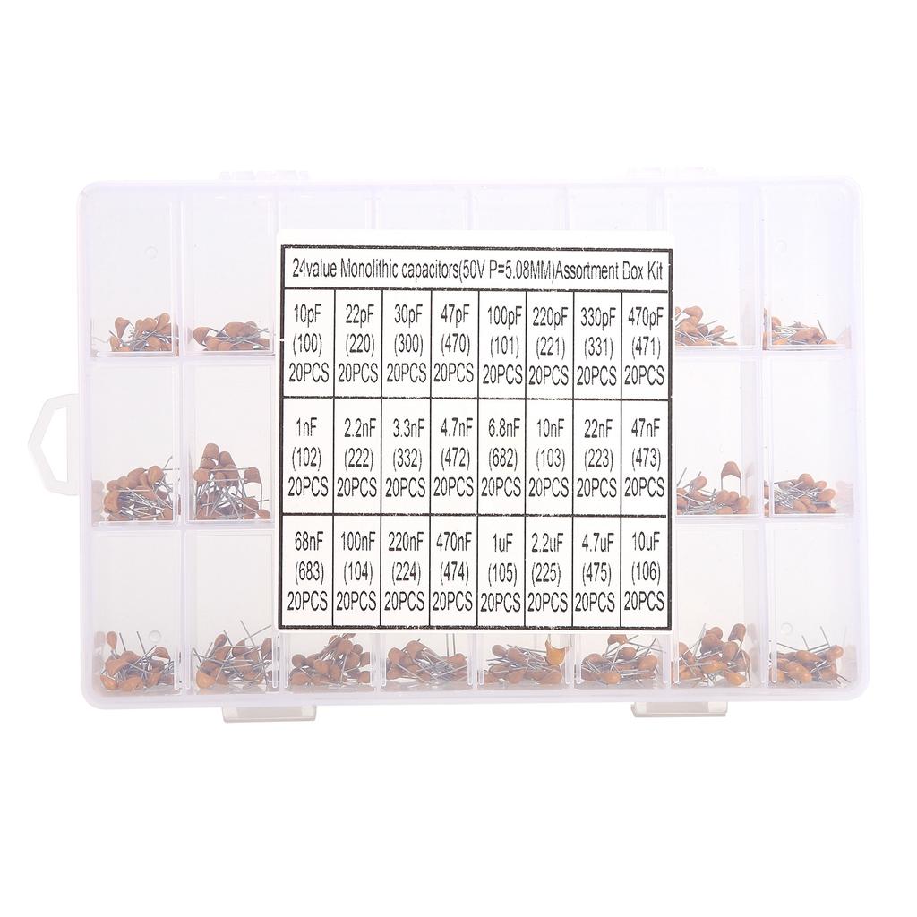 480Pcs Monolithic Ceramic Capacitor 24 Valves 10pF‑10uF Accessory Set Kit for Computer
