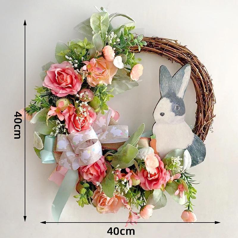 2024 NEW Easter Rabbit Flowers Wreath Ribbon Wreath Door Wall Oranments Home Party Festival Decoration