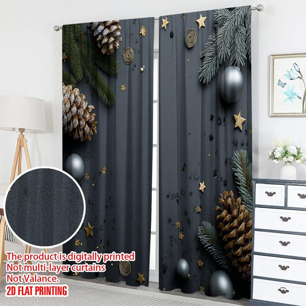 2pcs 2D flat printing Christmas Classic Hot Curtains Christmas Pinecones Stars Ornaments Digital Printed Polyester Drapes Family