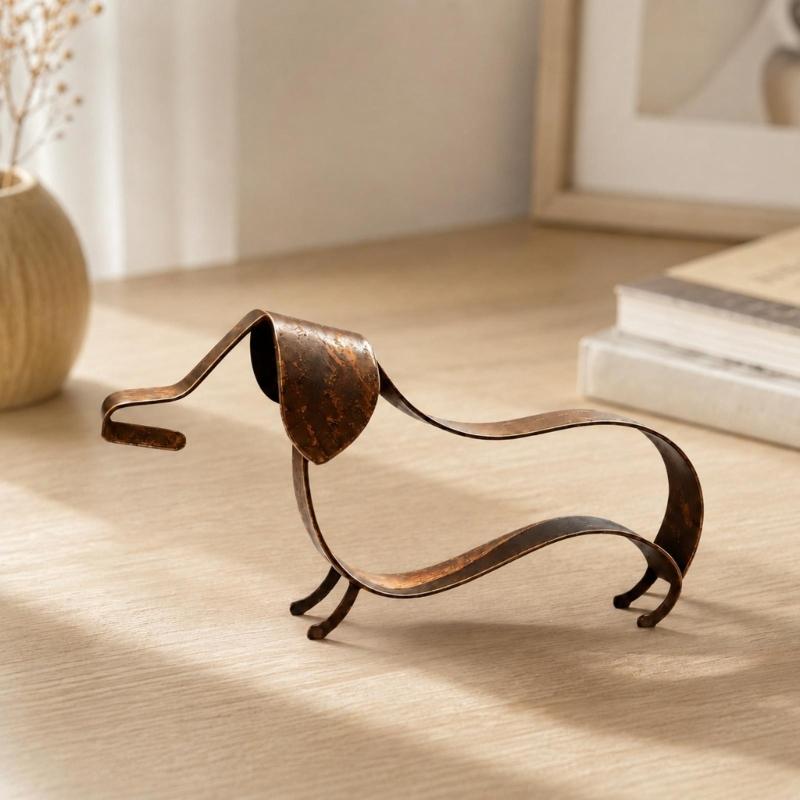 Open-Frame Wiener Dog Sculpture In Metal with a Mottled Aged-Look Finish for Indoor Cabinets, Shelves, and Desktops
