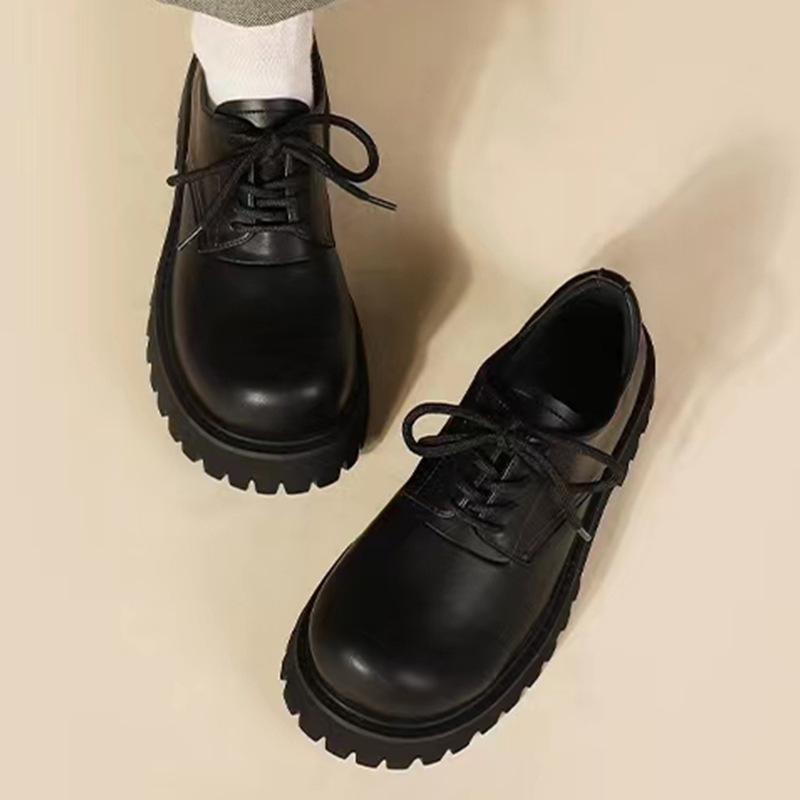 British leather small leather shoes men's and women's round head lace-up retro derby single shoes platform size