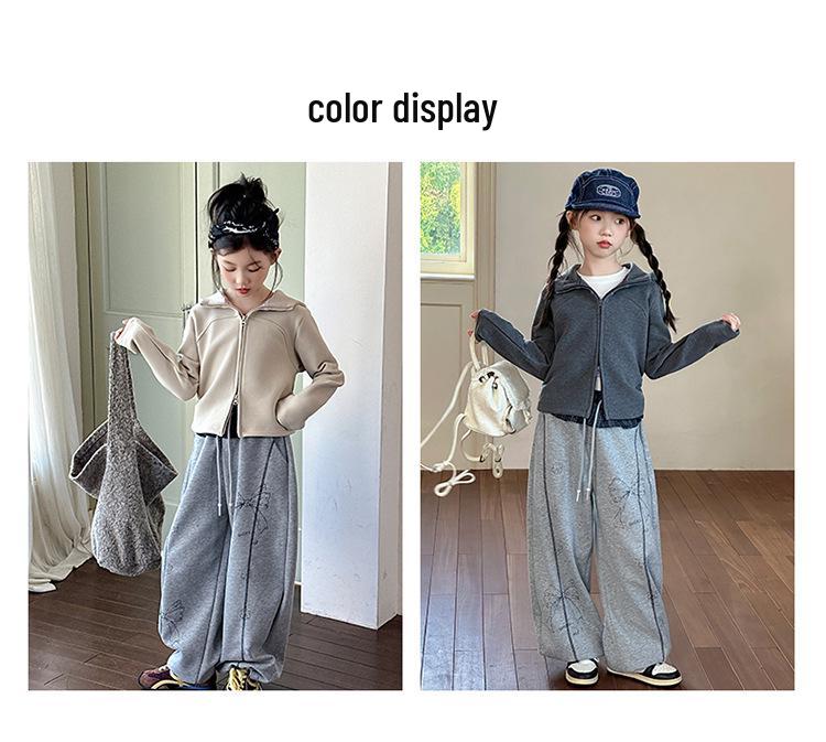 2025 Girls' Spring/Autumn Cardigan & Wide-Leg Pants Set - Hooded Casual Two-Piece Outfit