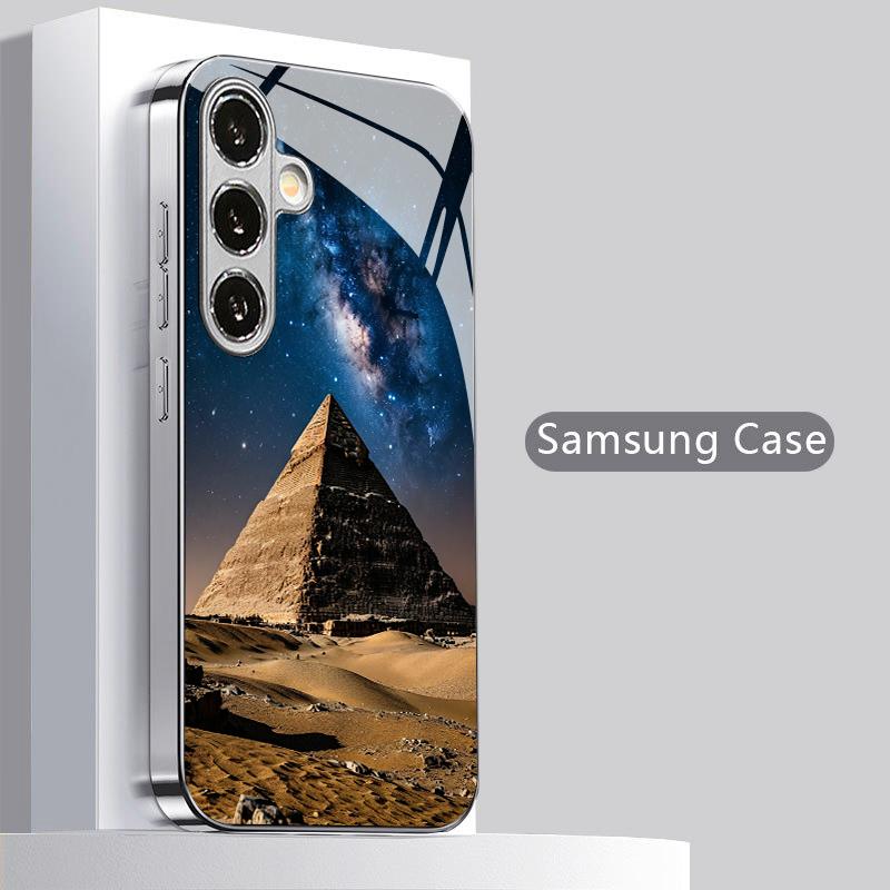 Pyramid Pattern 2D Phone Case for Samsung S26 S25 S24 S23 S22 S21 S20 A56 A36 A16 - Electroplated Glass Protective Cover