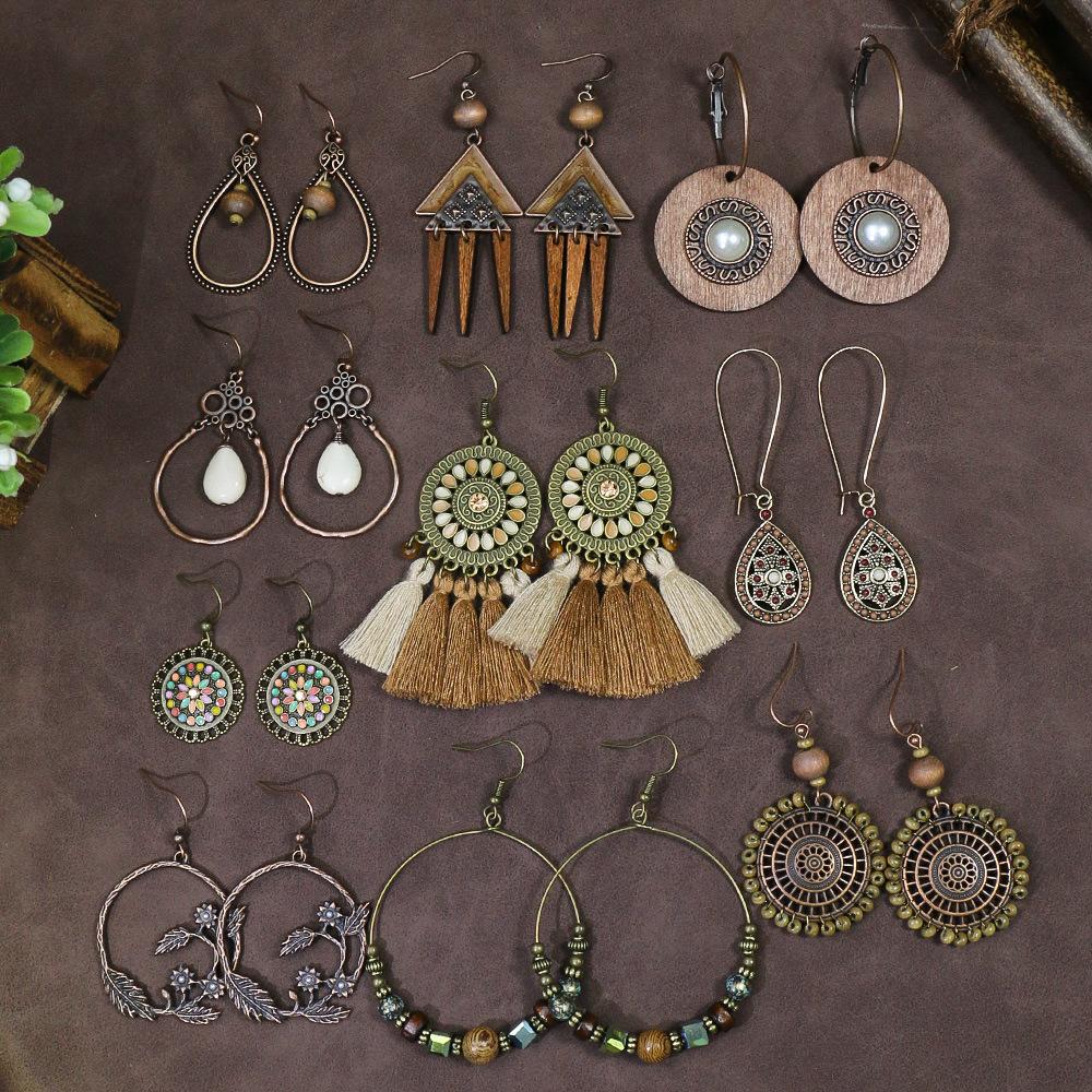 Bohemian Classic Women Geometric Tassel Wooden Earrings Vintage Gypsy Ethnic Circle Flower India Dangle Earrings Jhumka Jewelry
