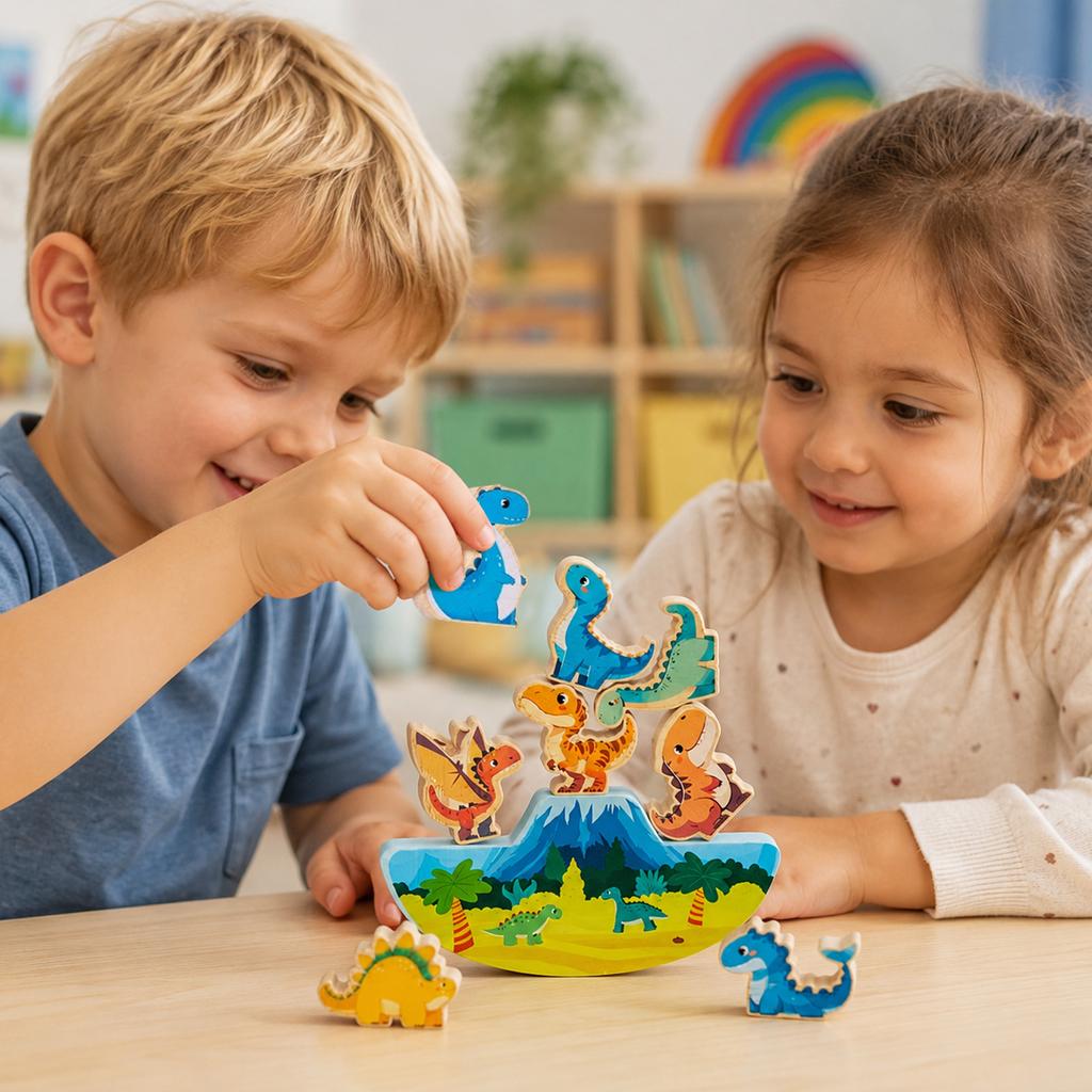 Wooden Dinosaur Balance Stacking Game for Kids Montessori Educational Block Toy with Multiple Dinosaur Shapes and Rocking Base for Early Learning