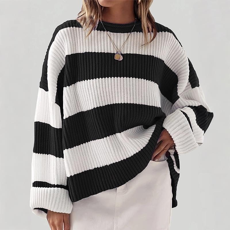 Retro Color Block Striped Sweater - Autumn/Winter Loose Round Neck Knit Pullover
