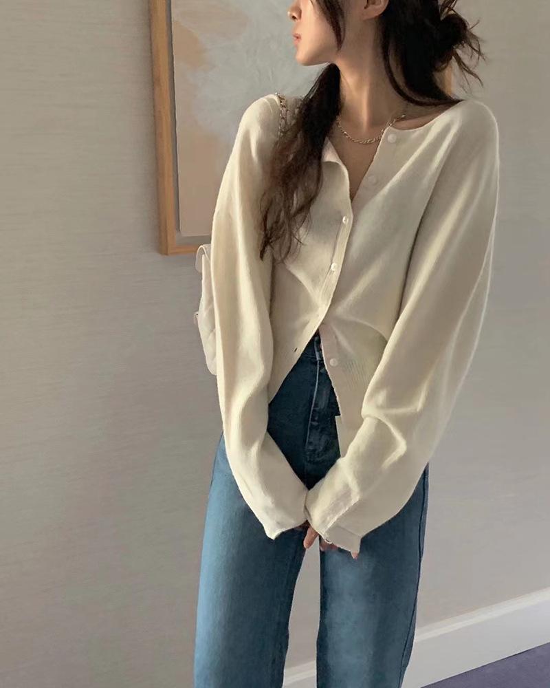 Women's Baby Blue Patchwork Single-Breasted Knitted Cardigan – Korean Style, Autumn Casualwear