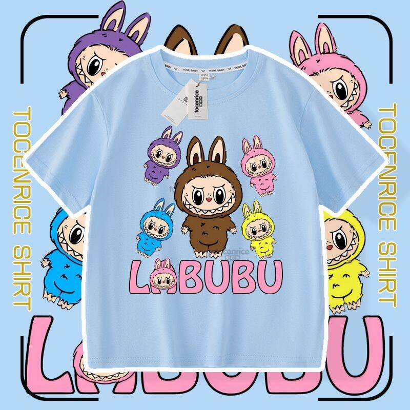 Summer New Cartoon Labubu Loose Short-sleeved T-shirt Girls Children's Casual Tops Fashion Breathable Round Neck