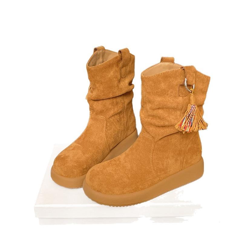 Maillard Brown Boots Women's Leather Short Boots Pleated Pile Boots Western Cowboy Boots Medium Martin Boots