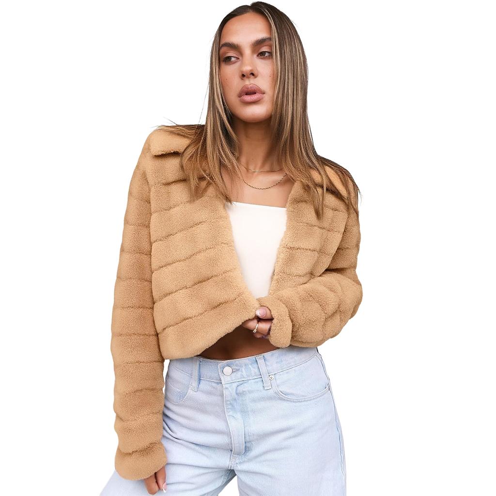 Womens Cropped Faux  Jackets Long Sleeve Open Front Short Coats