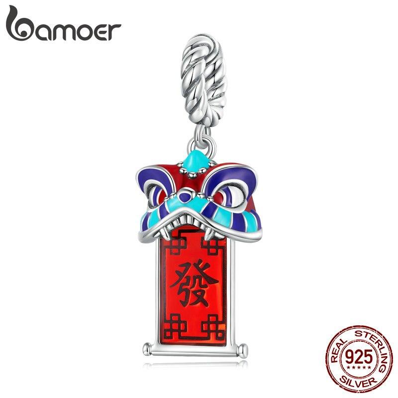 BAMOER 925 Sterling Silver Chinese New Year Series Red Enamel Lion Dancing Hanging Bead for Women Bracelet and Necklace