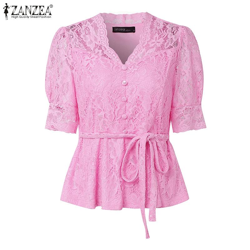 ZANZEA Women Casual V-Neck Short Sleeve Summer Lace Blouse