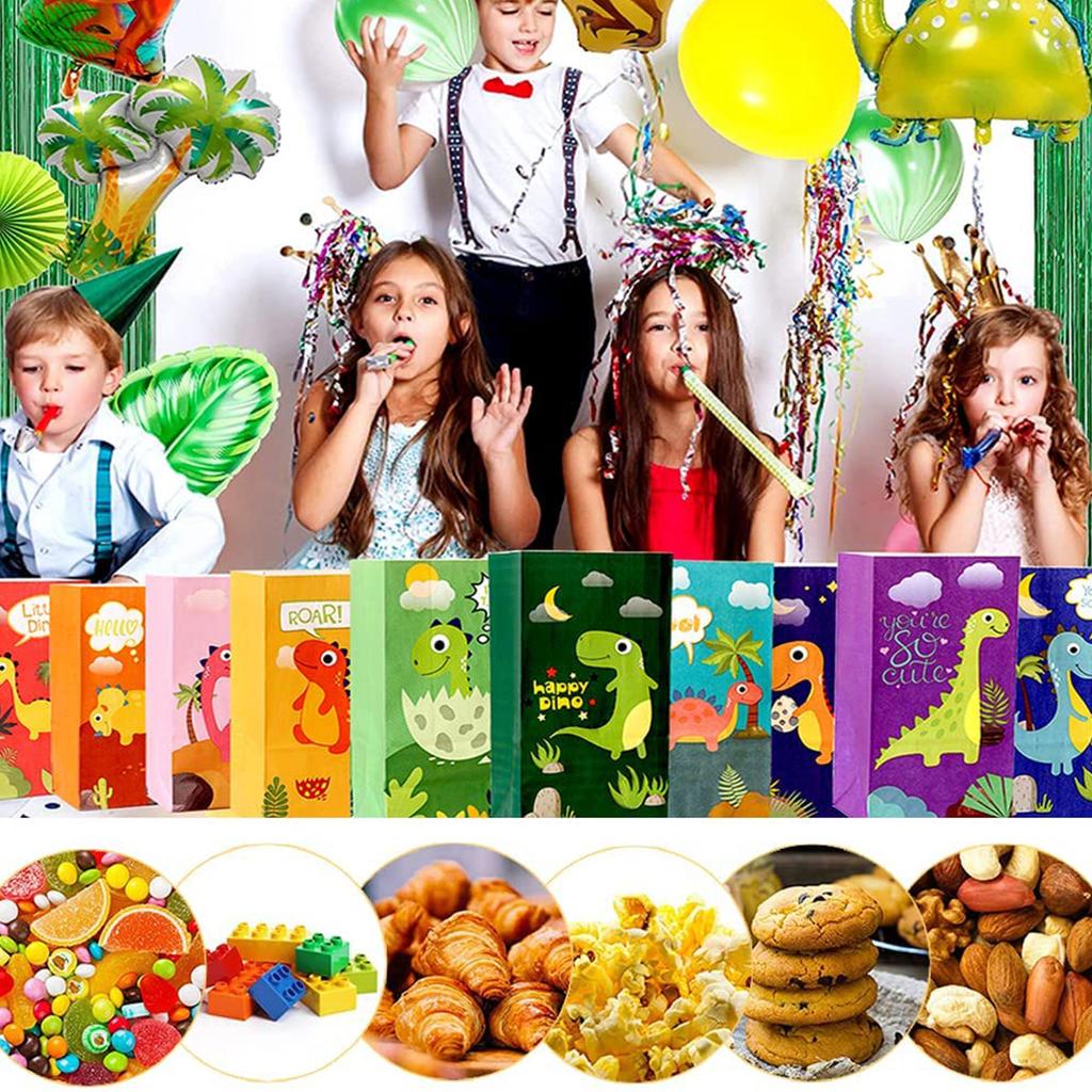 30Pcs Dinosaur Party Bags Thicken Paper Dinosaur Gift Bags Recyclable Odorless Candy Bags with 36 Stickers for Party Birthday
