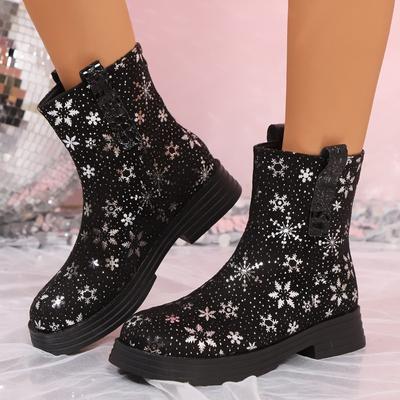 Fashion Women's Fashion Thick Heel Cotton Boots Winter New Round Head Sleeve Printed Thick Sole Anti-slip Wear-resistant Short Boots