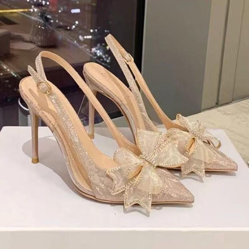 

Fashion Summer Baotong Sandals Women Fashion Pointy Shallow Mouth Glitter Butterfly Knot Set Foot Anti-slip Wear-resistant High Heels 39 золотой