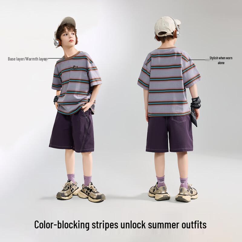 ASK JUNIOR Boys' Stripe Ribbed Round Neck Short Sleeve T-Shirt