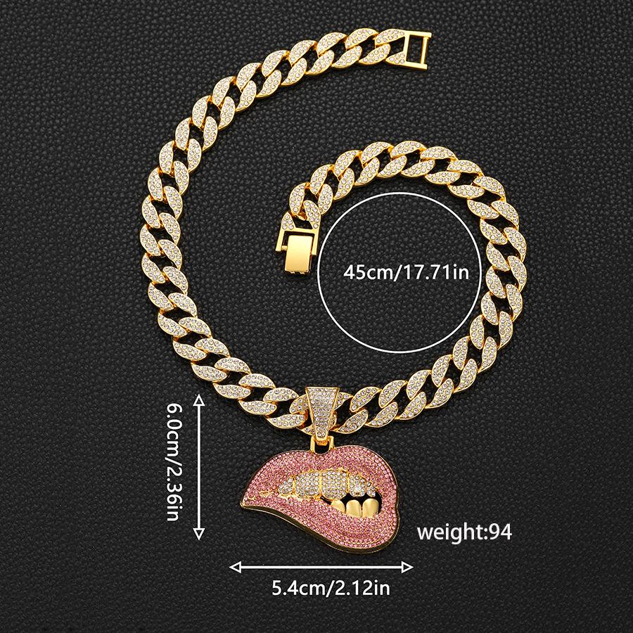 Colorful Diamond Lip Bite Pendant Hip Hop Cuban Chain Necklace