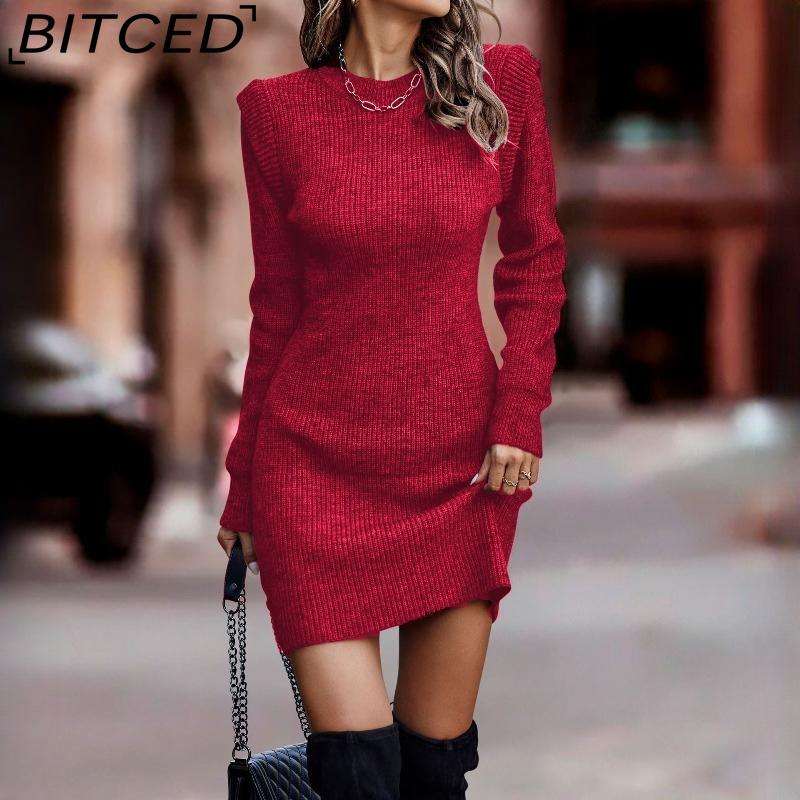 BITCED Fall/Winter Solid Color O-Neck Long-Sleeve Bodycon Knit Dress for Women