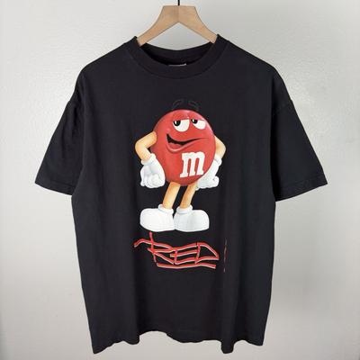 Y2K M&Ms Red Mars Candy Promo Humor Spell Out Vintage Black T Shirt Size XL Unisex T-Shirt