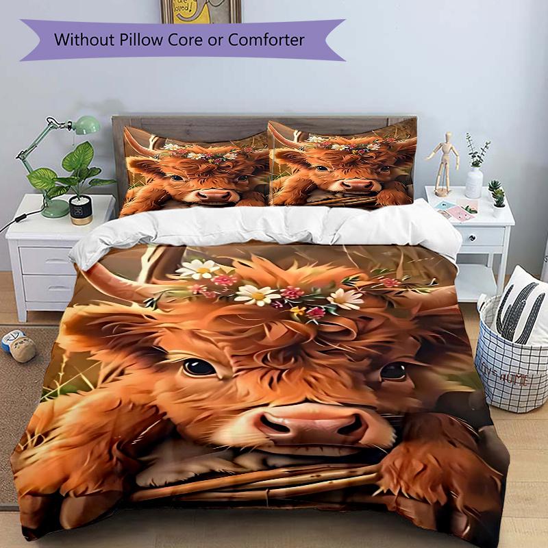 

3pcs Highland Cow with Flower Crown Bedding Set - Includes One Quilt Cover and Two Pillowcases (No Core) - Home Decor, Festival Gift, Polyester Fabric 135x200cm