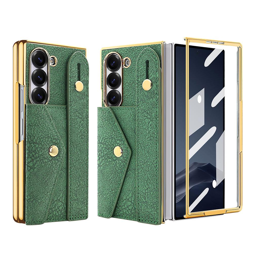 Card Bag PU Leather Integrated Case and Screen Protector Phone Case with Wrist Strap for Samsung Z Fold 7 6 5 4