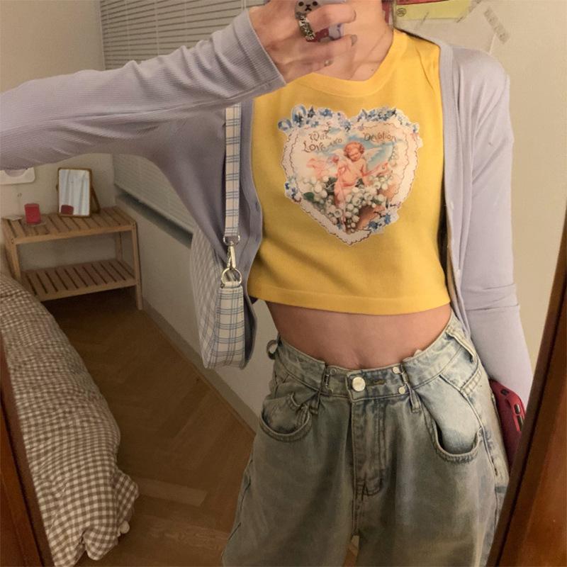 

Летний женский облегающий кроп-топ в корейском стиле - С короткими рукавами, с высокой талией, модный студенческий стиль Medium жёлтый