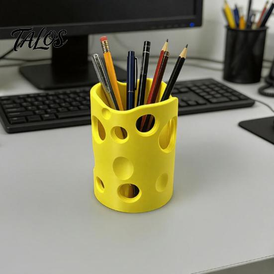 Talos 3D Printed Cheese Pen Holder, Large Capacity Desktop Organizer with Smooth Edges And Removable Dividers, Stationery Storage Box for Pens Pencils