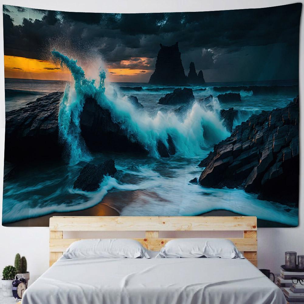 Sea Night Scene Tapestry Wall Hanging Psychedelic Hippie Decoration Background Wall Poster Living Room Home Art Decoration