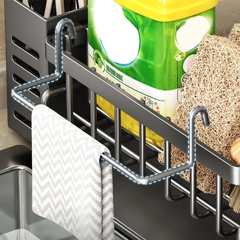 Stainless Steel Kitchen Sink Storage Rack Space Saving Built-in Sponge Rack And Drainage Basket For Kitchen Cleaning And Storage